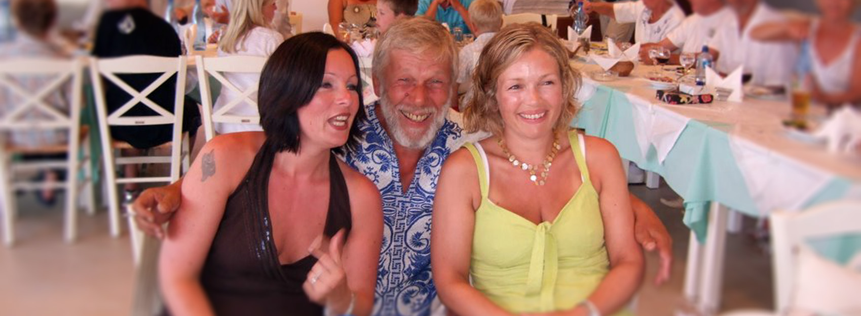 Svein with his two daughters in Nidri. Svein and Caryn's 60 years birthsday party